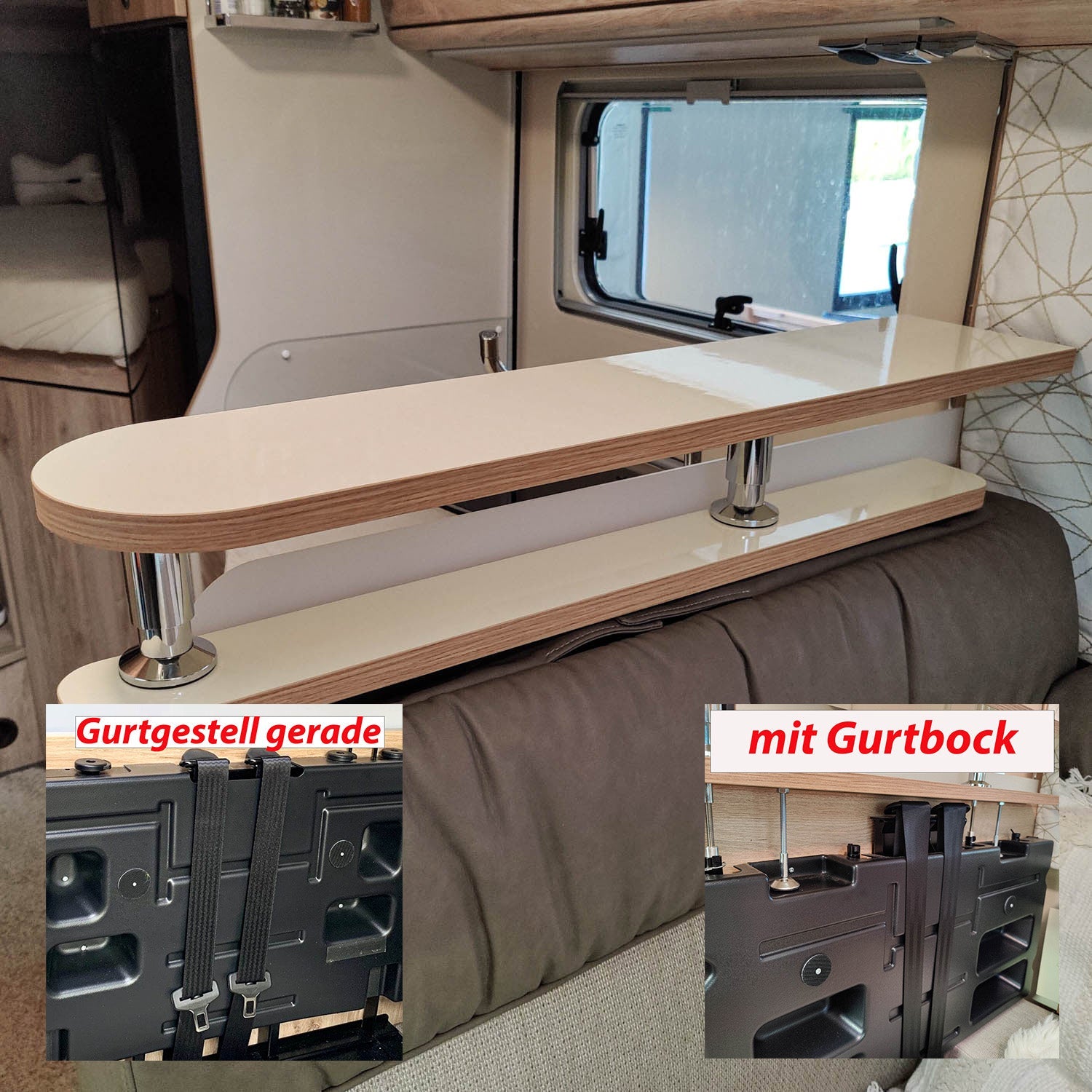 3426-2-part storage shelf for Euramobil models - Magnolia high gloss with edge in Salisbury elm / without railing / straight belt rack