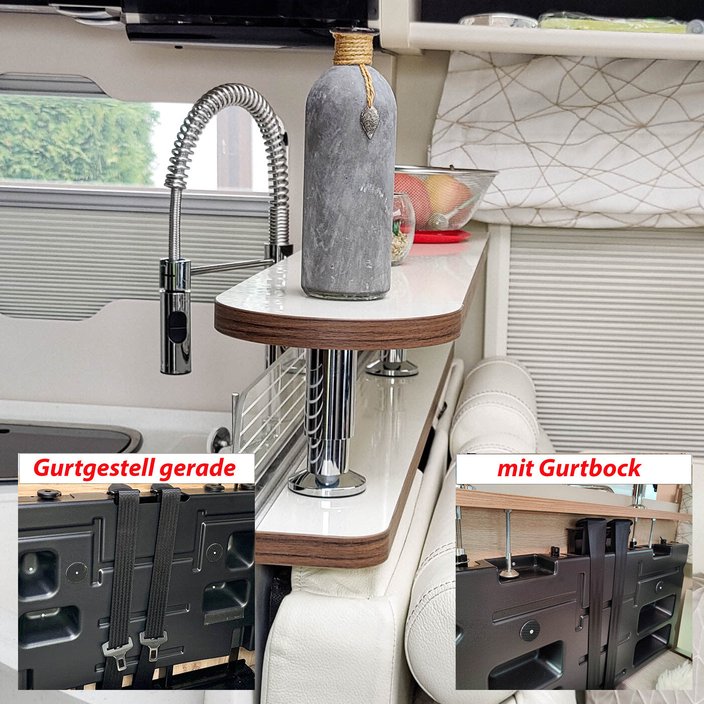 3425-2-part storage shelf for Euramobil models - Magnolia high gloss with edge in Madison Walnut / without railing / belt rack with belt support