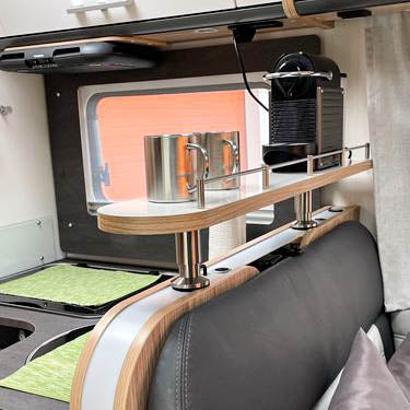 3056 Storage shelf for Sunlight models from 2018-2022 - High-gloss white with edge in Salisbury elm / with railing