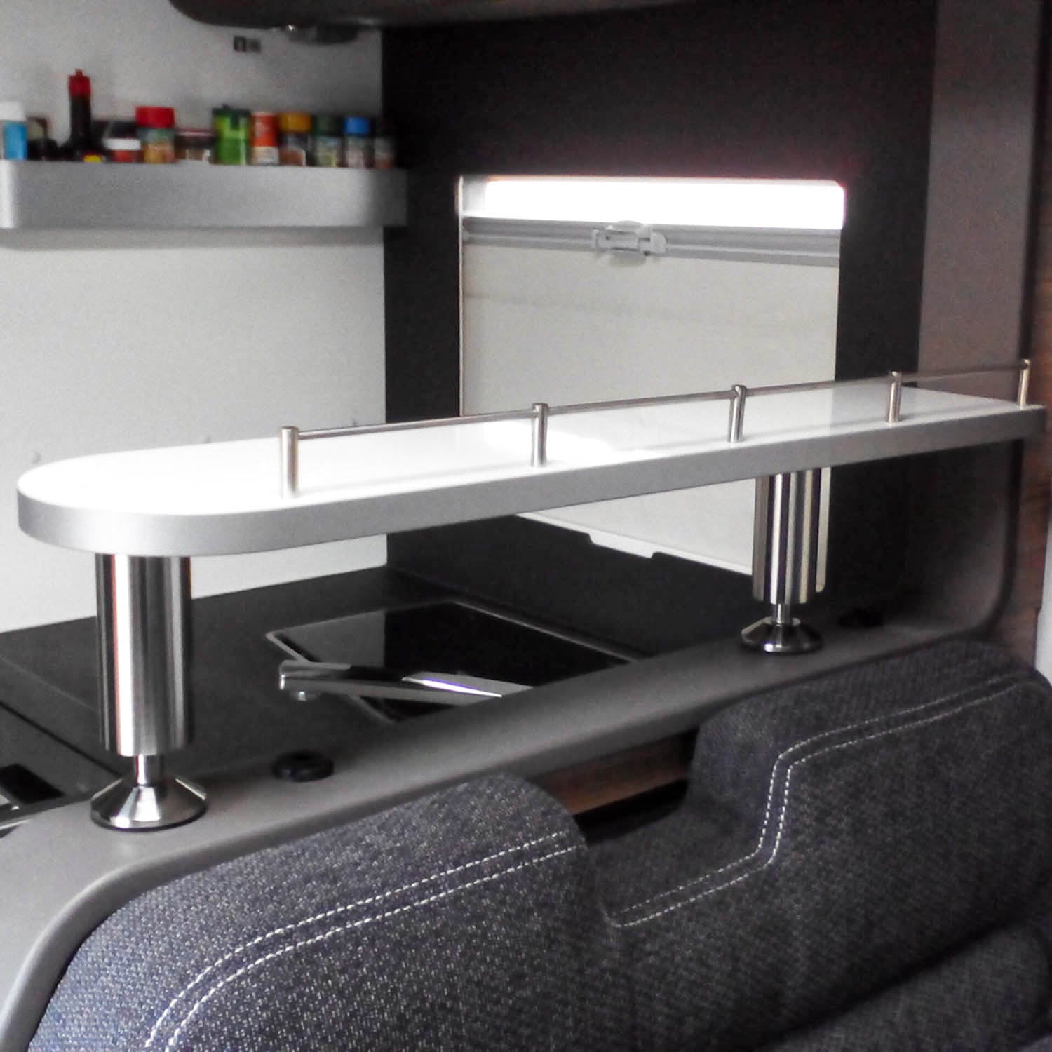 3071 Storage shelf for Adria XL models - high-gloss white with edge in gray/anthracite / with railing