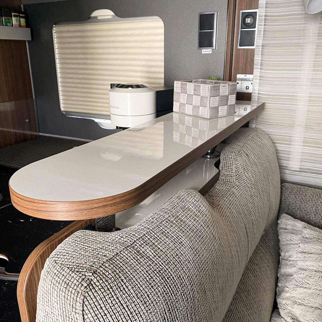 3046-2-part storage shelf for Hymer models - high-gloss white with edge in Madison Walnut / without railing