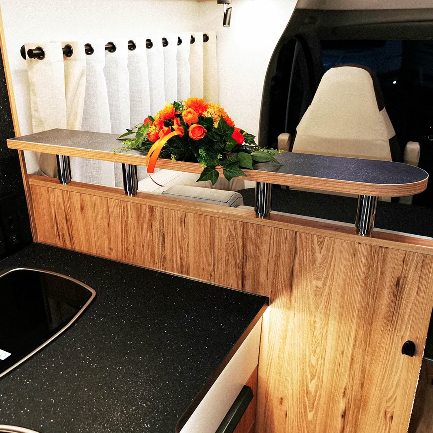3104 Storage shelf for Mooveo T models from 2019 to 2021 - Terrazzo Nero with edge in elm Salisbury / without railing