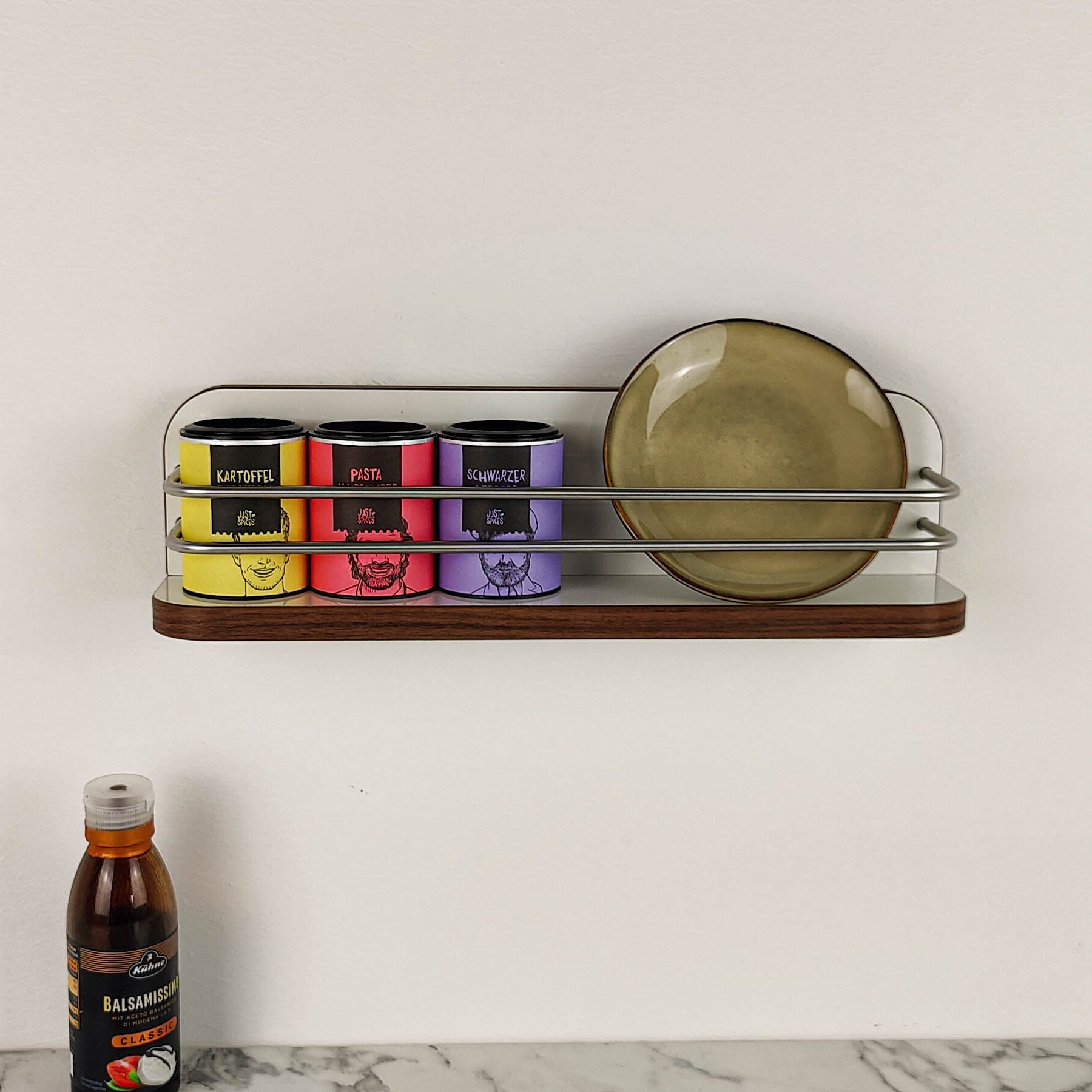 #color_high-gloss white with edge in Madison Walnut and stainless steel railing