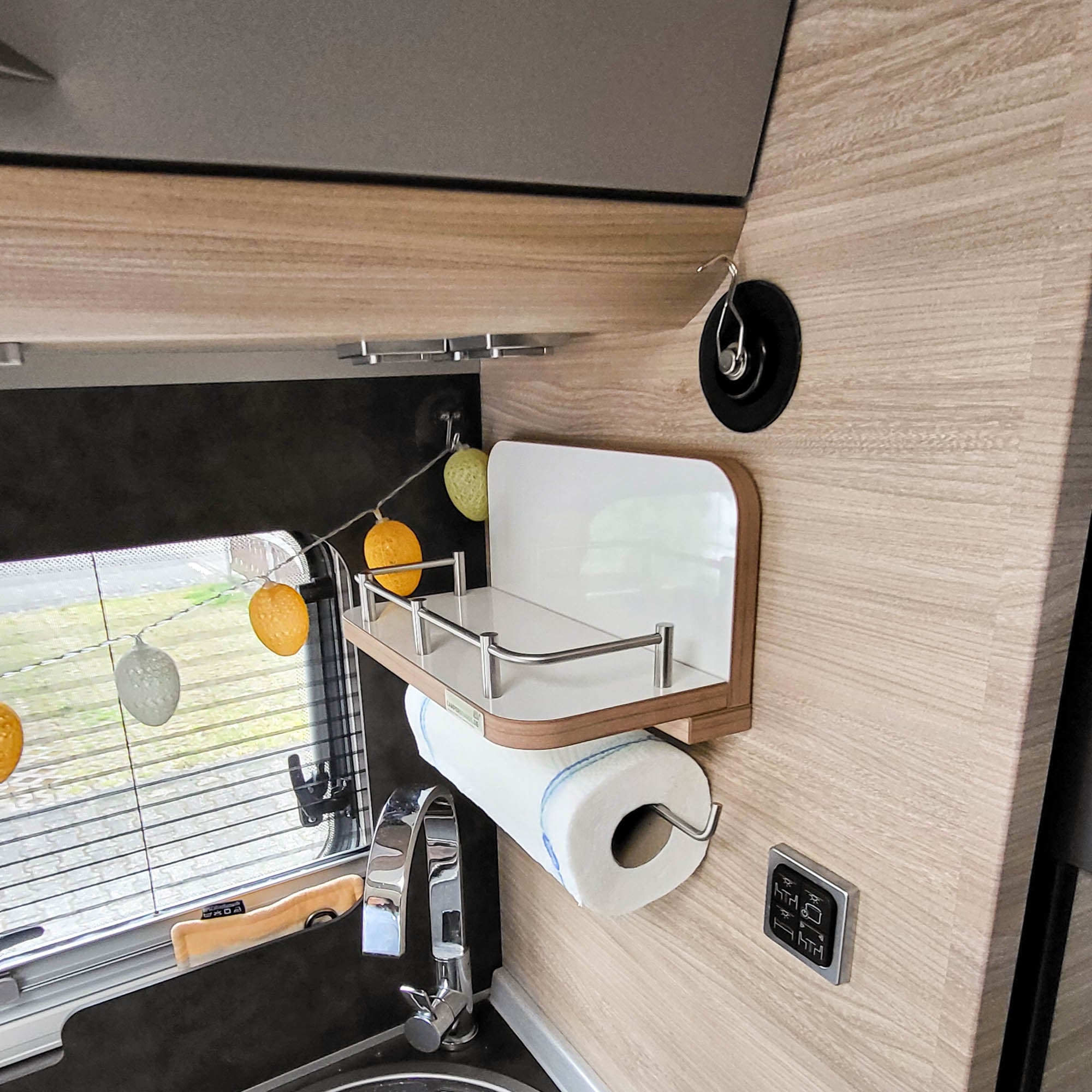 Box trolley shelf with kitchen roll holder