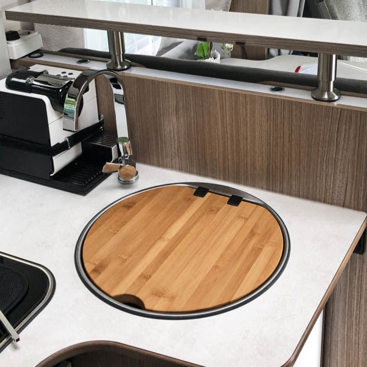Cutting board with sink cover for Thetford universal sink with glass cover